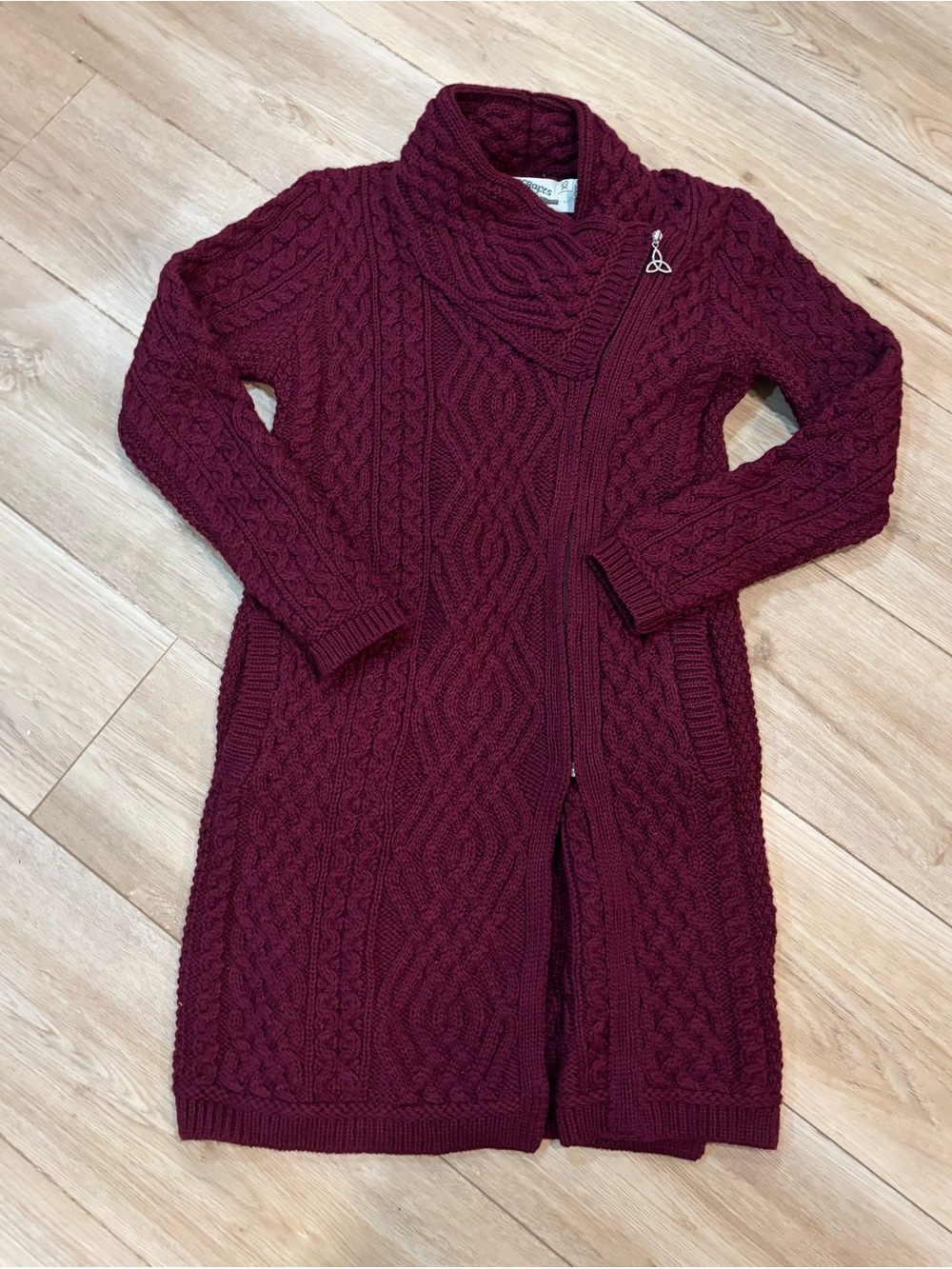 Aran Crafts Ireland 100% Merino Wool Cable Knit Sweater Coat Tunic Burgundy XS